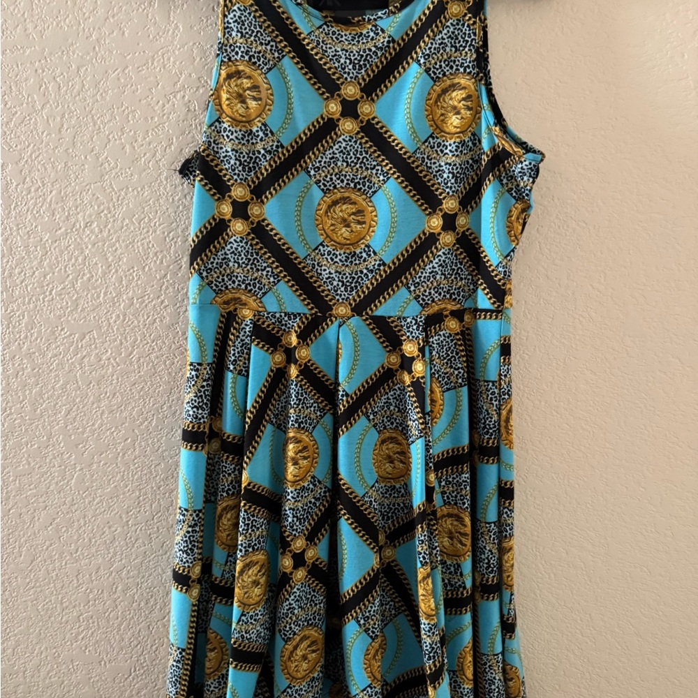 Kardashian Kollection Blue and Gold Patterned Dress